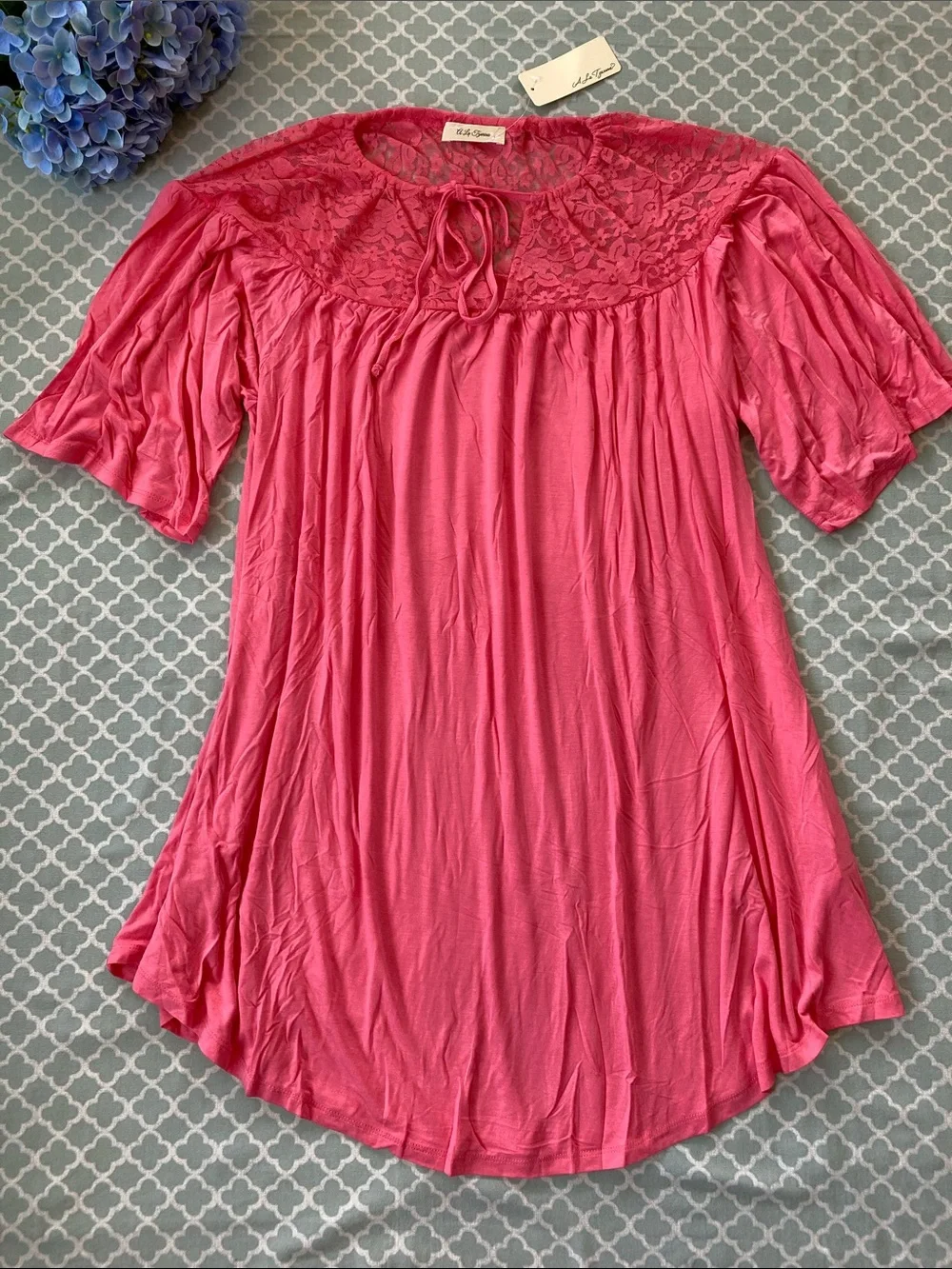 A La Tzarina Pink Lace Yoke Tunic Dress M NWT